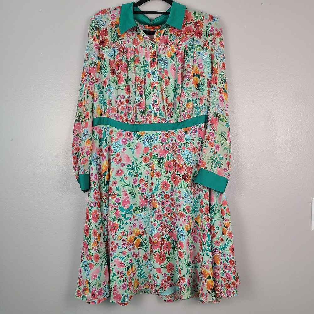 Modcloth Green Retro Vintage Multicolor Floral Chiffon Long Sleeve Shirt Dress